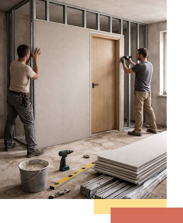 Перегородка из гипсокартона с дверью под ключ в Магадане