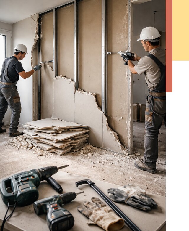 Демонтаж перегородки из гипсокартона в Магадане от 1227 руб. быстро и недорого | ОТДЕЛОЧНИК-Мгд