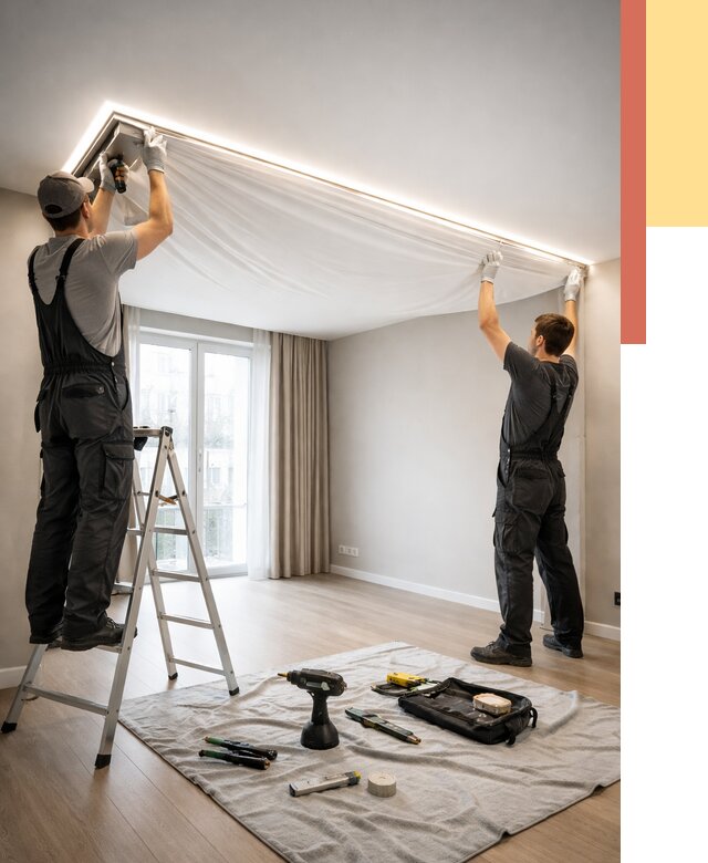 Монтаж парящего натяжного потолка в Магадане от 4600 руб. быстро и недорого | ОТДЕЛОЧНИК-Мгд