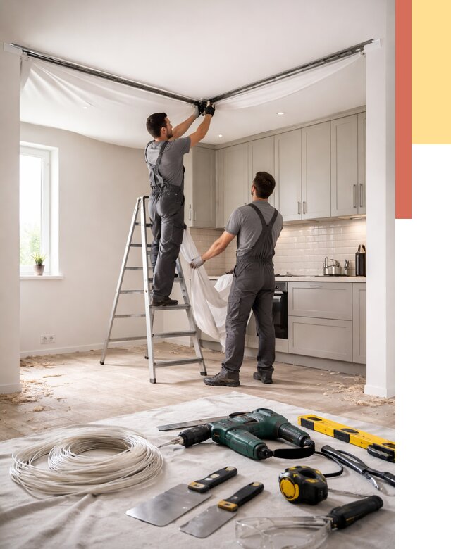 Установка натяжного потолка на кухне в Магадане от 2454 руб. | ОТДЕЛОЧНИК-Мгд