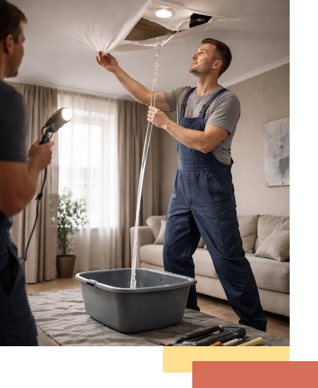 Слив воды с натяжного потолка в Магадане быстро и аккуратно